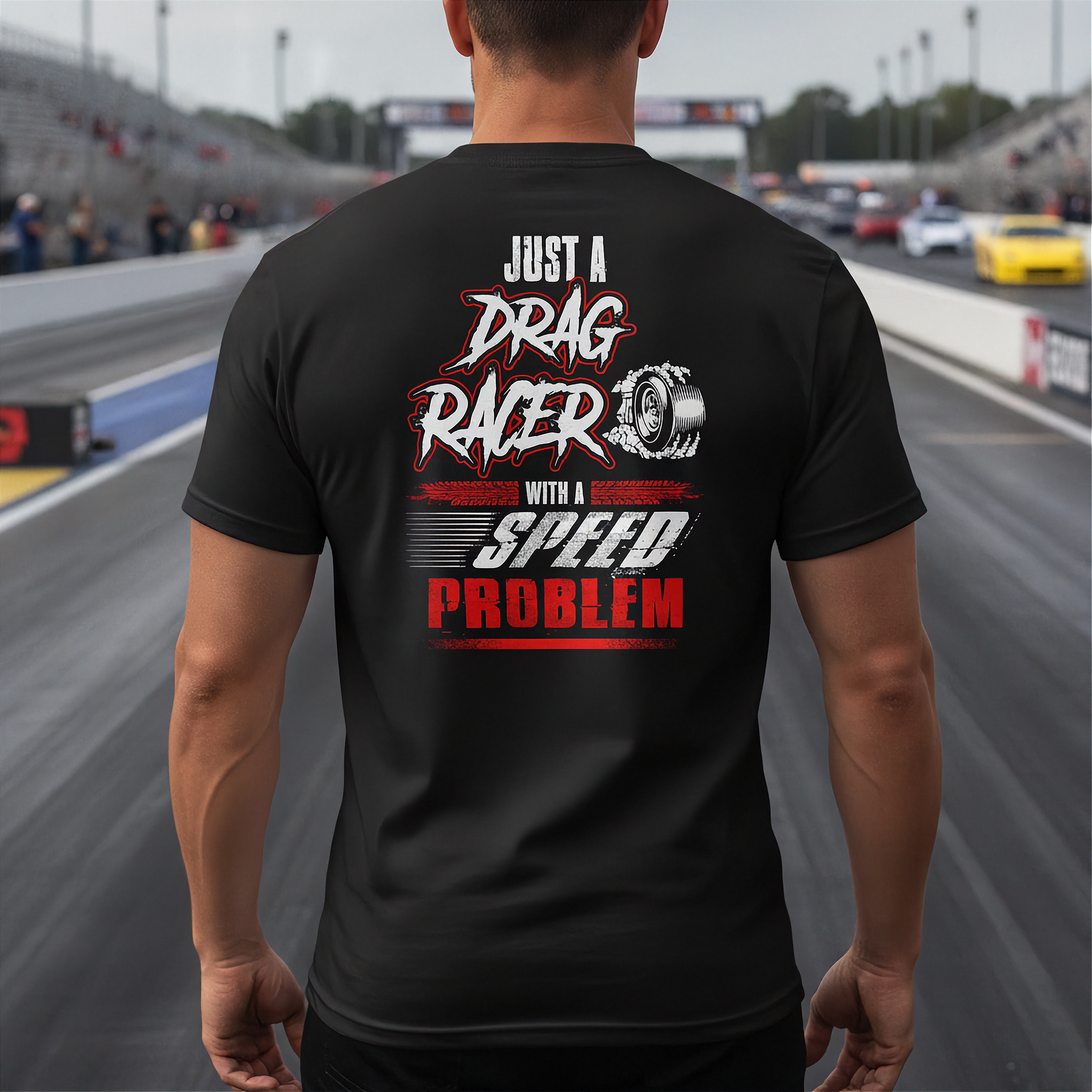 A man viewed from behind wearing a black t-shirt with a graphic on the back that reads 'JUST A DRAG RACER WITH A SPEED PROBLEM' in white and red lettering, set against a blurred drag racing track background.