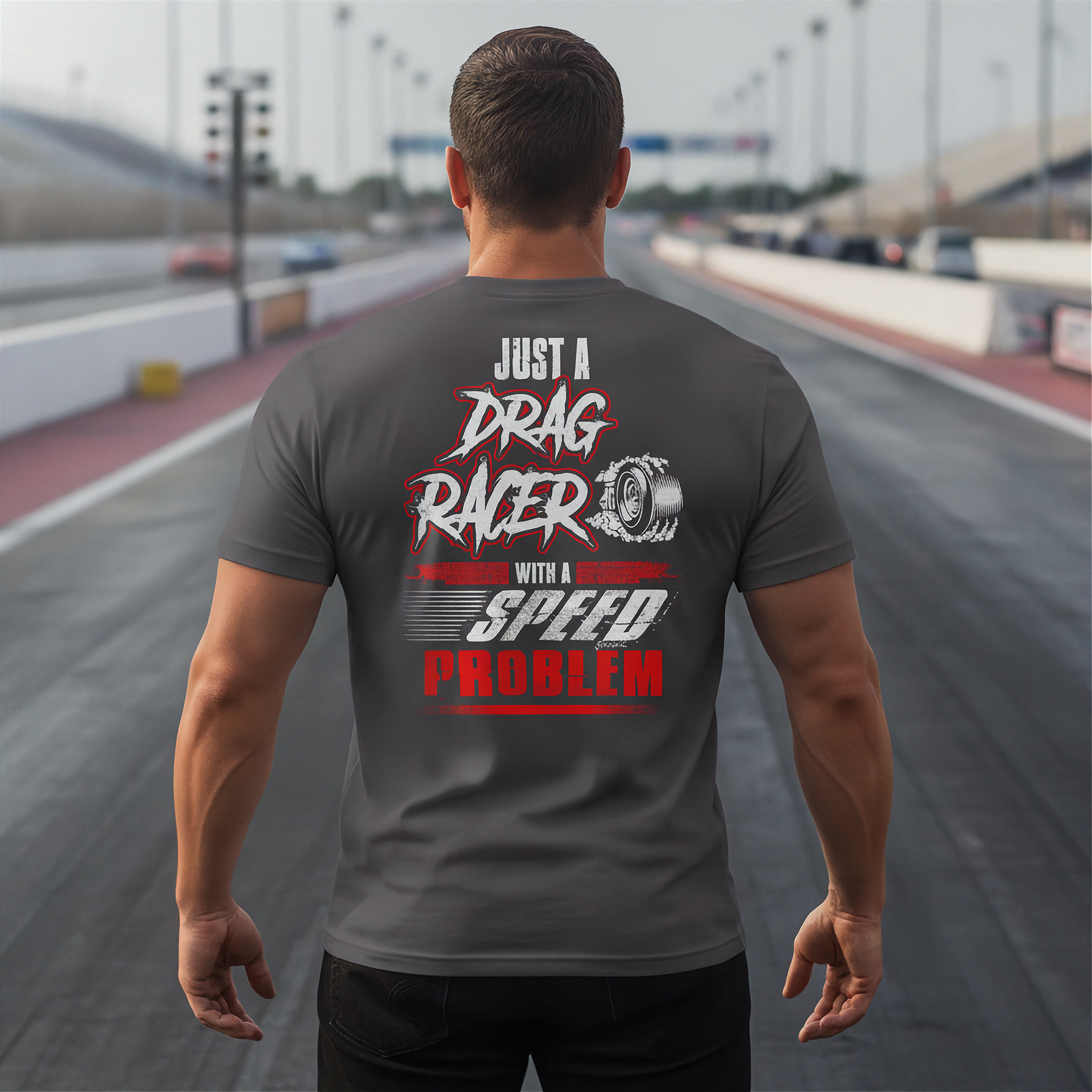 A man viewed from behind wearing a dark gray t-shirt with a red and white graphic that reads 'JUST A DRAG RACER WITH A SPEED PROBLEM' on a racetrack.