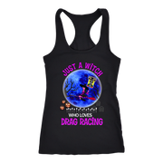 A black racerback tank top featuring a Halloween-themed graphic print with a witch riding a red racecar in front of a blue full moon, accompanied by the text 'JUST A WITCH WHO LOVES DRAG RACING' in pink and white.