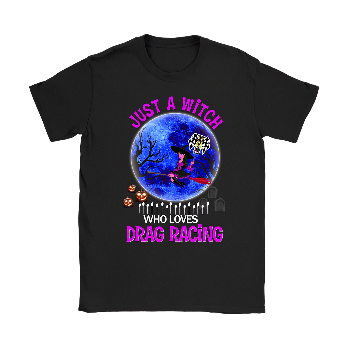 A black short-sleeve t-shirt with a colorful graphic print on the front. The graphic features a witch riding a red racecar on a broomstick in front of a large blue full moon, with jack-o'-lanterns and tombstones.