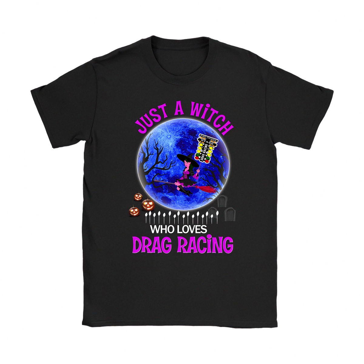A black short-sleeve crewneck t-shirt featuring a colorful graphic print on the front. The design shows a blue full moon, a witch riding a broomstick, jack-o'-lanterns, tombstones, and the text 'JUST A WITCH WHO LOVES DRAG RACING' in pink and white.