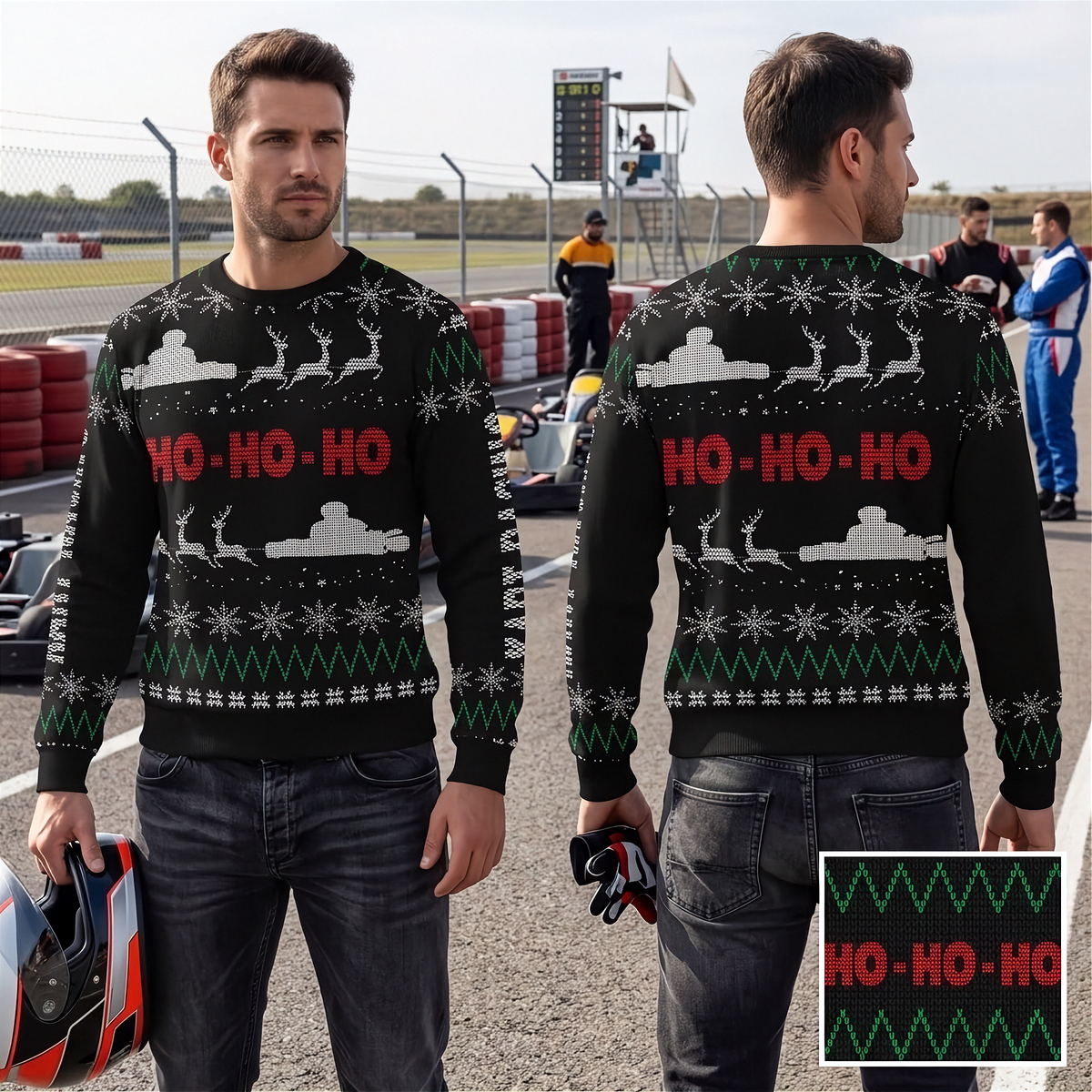 A man wearing a black Christmas sweater with a festive racing theme, shown from both the front and back. The sweater features white snowflakes, green pine trees, red 'HO-HO-HO' text, and white reindeer silhouettes.