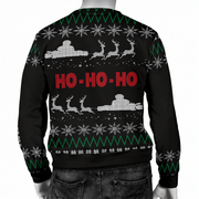 A black Christmas sweater with a festive holiday pattern, featuring red 'HO-HO-HO' text across the back, white snowflakes and tank illustrations, and green and white zigzag borders. The sweater is shown on a mannequin from the back.