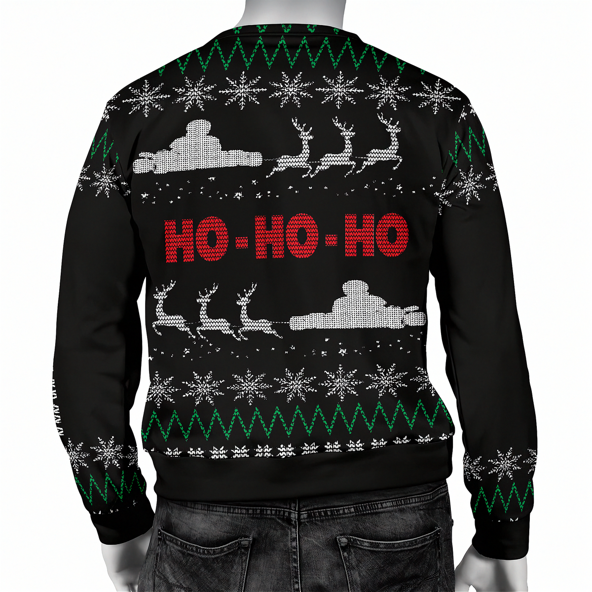 A black Christmas sweater with a festive holiday pattern, featuring red 'HO-HO-HO' text across the back, white snowflakes and tank illustrations, and green and white zigzag borders. The sweater is shown on a mannequin from the back.
