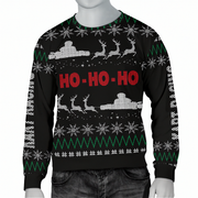 A black long-sleeve crewneck sweater with a festive Christmas theme, featuring 'HO - HO - HO' in red text, white snowflakes, white reindeer, and green zig-zag patterns, shown on a gray mannequin torso.
