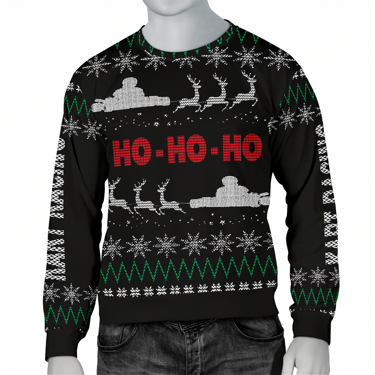 A black long-sleeve crewneck sweater with a festive Christmas theme, featuring 'HO - HO - HO' in red text, white snowflakes, white reindeer, and green zig-zag patterns, shown on a gray mannequin torso.