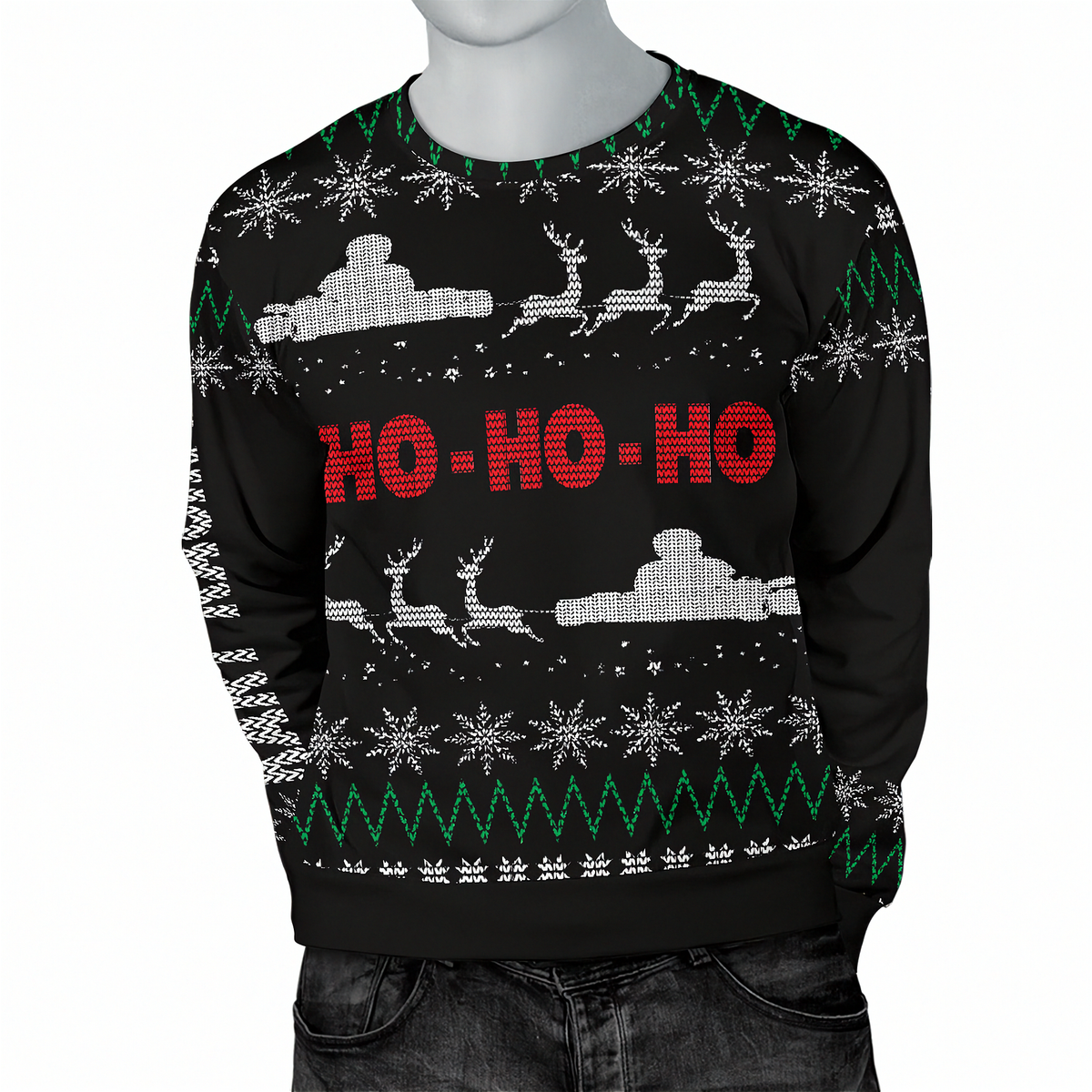 A black Christmas crewneck sweater with a festive knit pattern featuring red 'HO-HO-HO' text, white snowflakes and reindeer, and green zig-zag accents, shown on a gray mannequin torso.