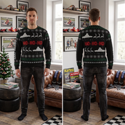 A man modeling a black Christmas sweater in a living room setting, shown from both the front and back views side-by-side. The sweater features a green and white holiday pattern with red 'HO-HO-HO' text across the chest and back.
