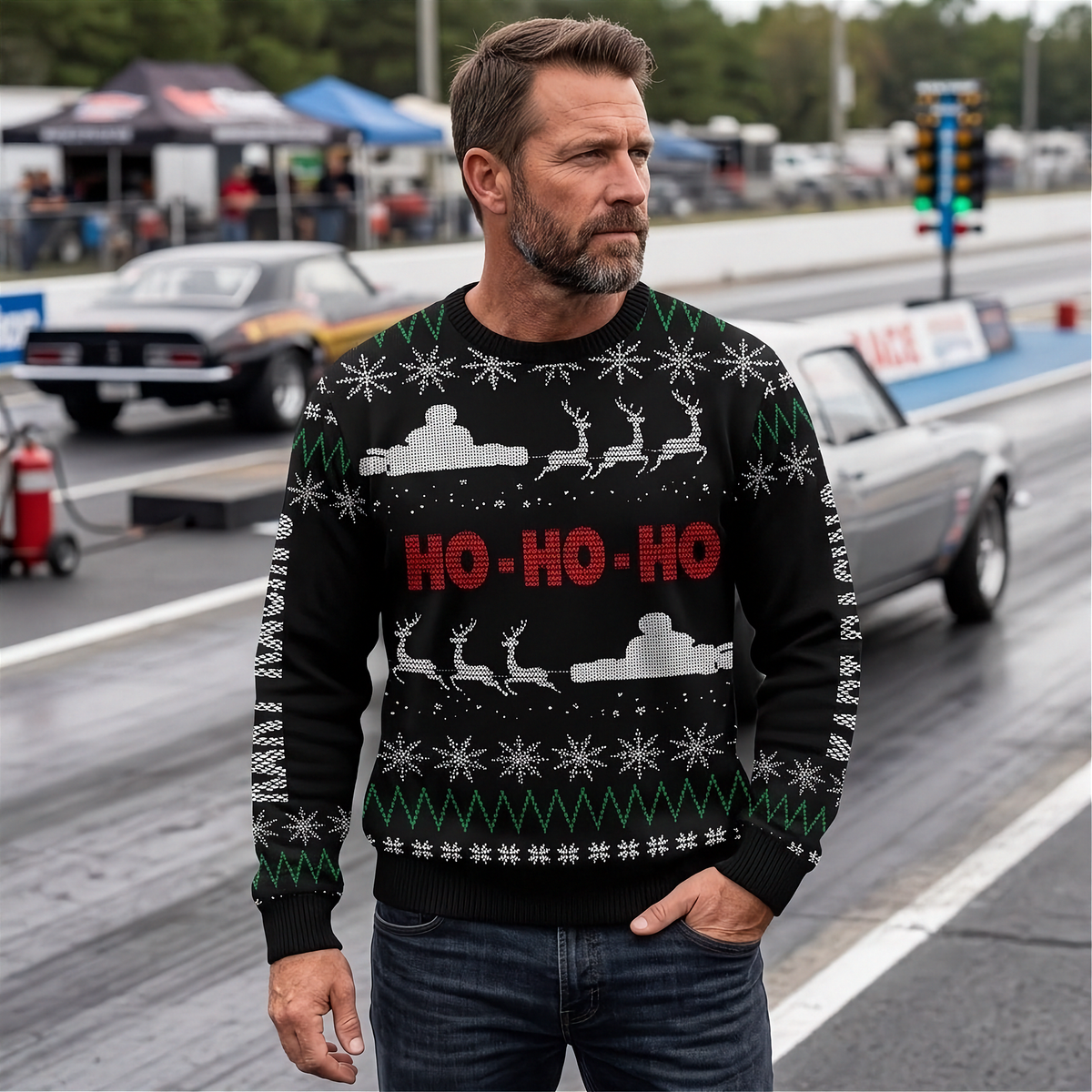A man wearing a black Christmas sweater with 'HO-HO-HO' in red and white reindeer and snowflake patterns, standing on a racetrack with race cars in the background.