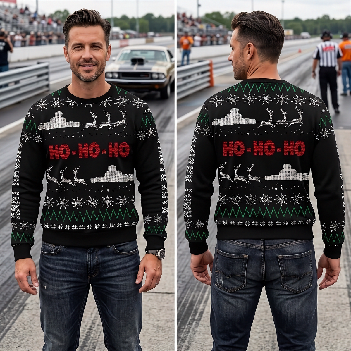 A man wearing a black Christmas sweater with a festive holiday graphic, shown in front and back views. The sweater features 'HO-HO-HO' in red text, white snowflakes and reindeer silhouettes, and green zig-zag accents.