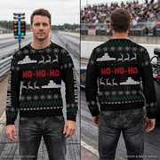A man modeling a black Christmas sweater in a split front and back view. The sweater features a green and white holiday pattern with red 'HO-HO-HO' text across the chest and back.
