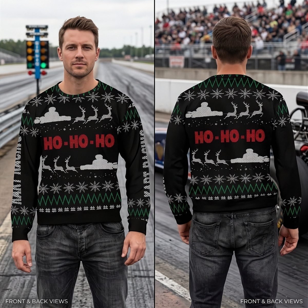 A man modeling a black Christmas sweater in a split front and back view. The sweater features a green and white holiday pattern with red 'HO-HO-HO' text across the chest and back.