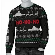 A black Christmas crewneck sweater with a knitted holiday pattern featuring white snowflakes, green zigzags, white reindeer, and red 'HO-HO-HO' text, shown on a gray mannequin torso.
