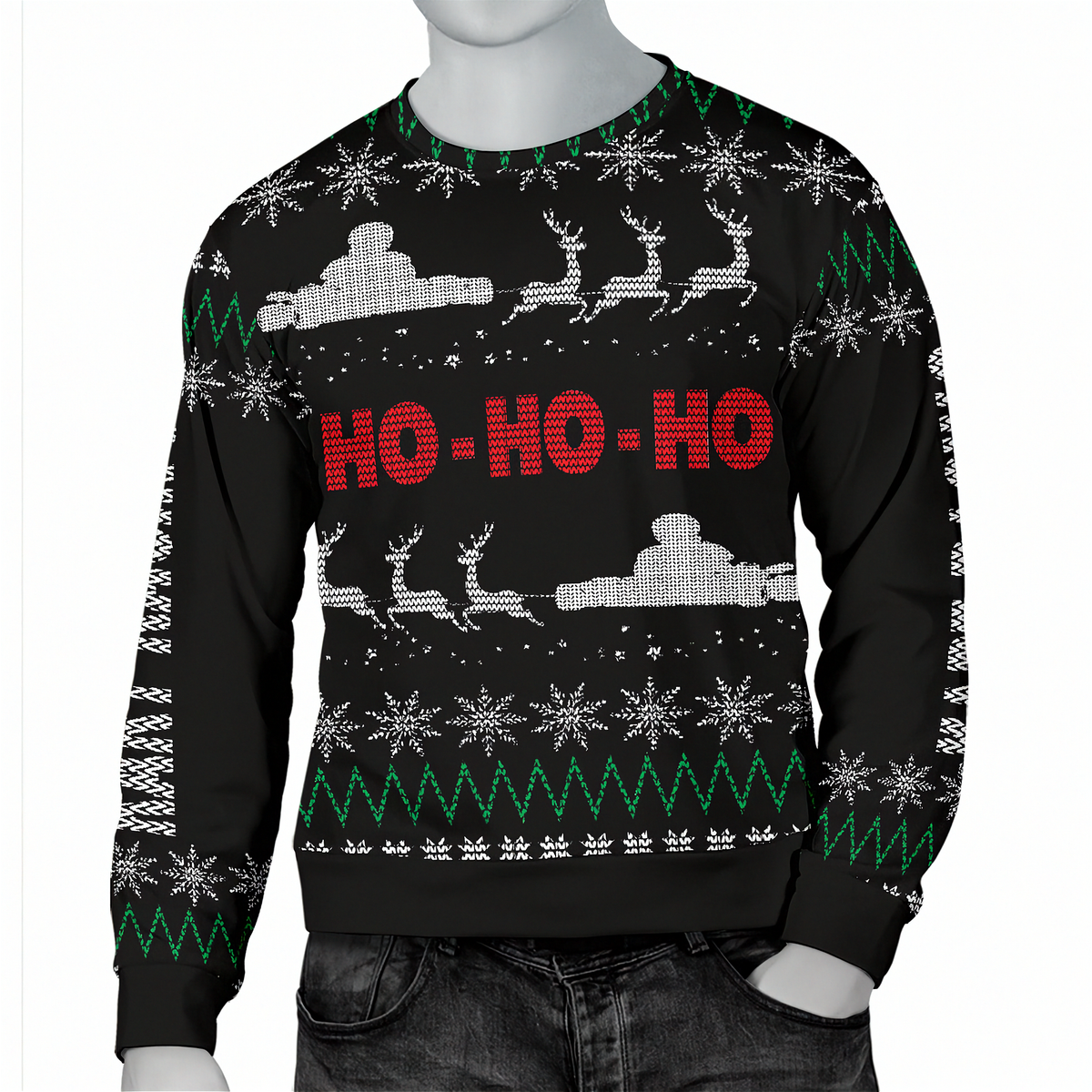 A black Christmas crewneck sweater with a knitted holiday pattern featuring white snowflakes, green zigzags, white reindeer, and red 'HO-HO-HO' text, shown on a gray mannequin torso.