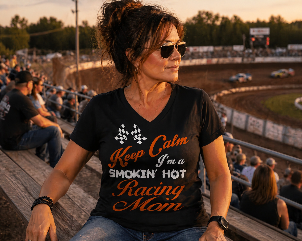 "Keep Calm I'm A Smoking Hot Racing Mom" apparel collection featuring premium women's v-necks, durable t-shirts, racerback tanks, and cozy fleece hoodies for racing enthusiasts.