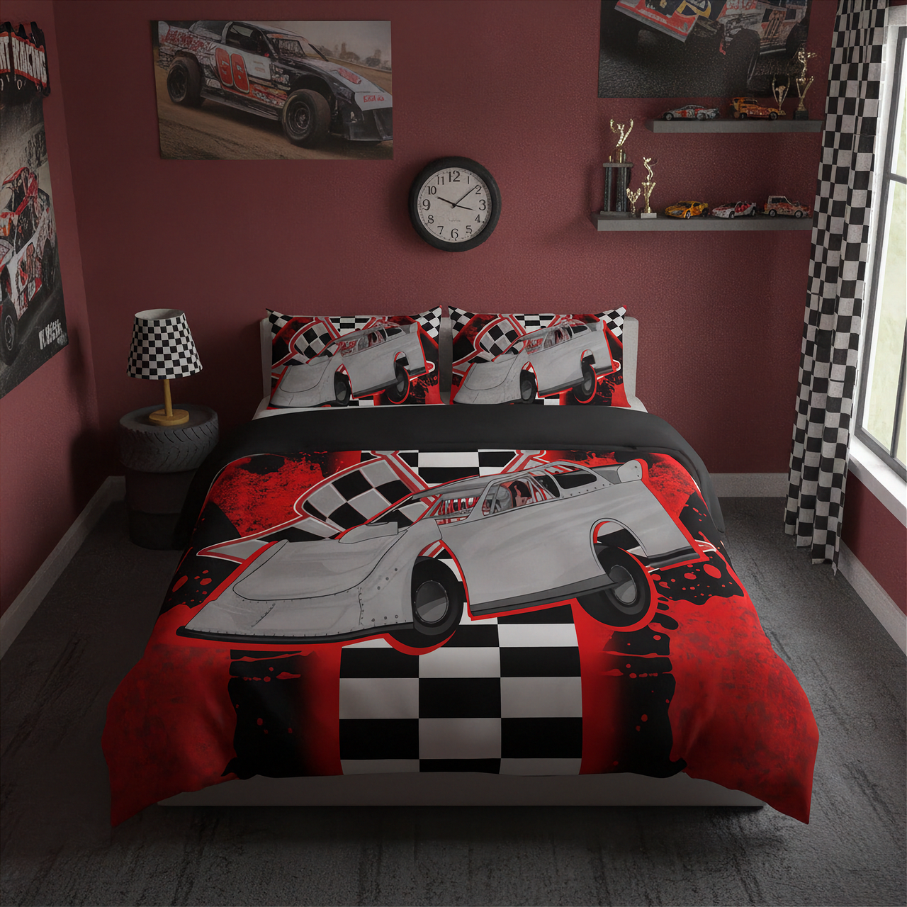 A racing-themed bedding set featuring a late model race car and checkered flag pattern, displayed on a bed in a styled bedroom with red walls and racing decor.