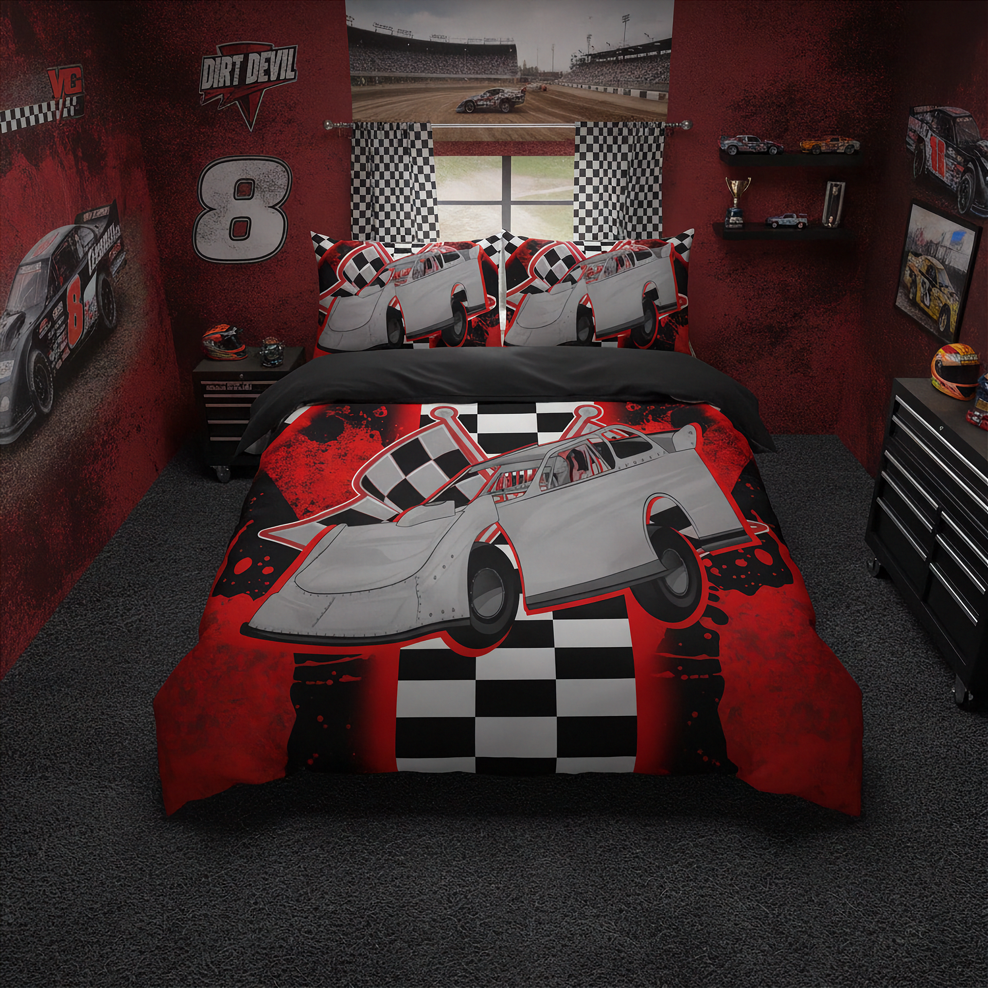 A racing-themed bedding set displayed on a bed in a styled bedroom. The comforter and matching pillowcases feature a large gray late model race car over a red and black checkered flag pattern.