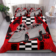 A racing-themed bedding set featuring a duvet cover and two pillowcases with a gray late model race car, red and black checkered patterns, and black-and-white checkered stripes, shown on a bed in a styled bedroom.