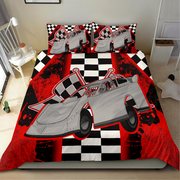 A racing-themed bedding set featuring a red, black, and white checkered pattern with a large gray late model race car graphic, shown on a bed in a bedroom setting.