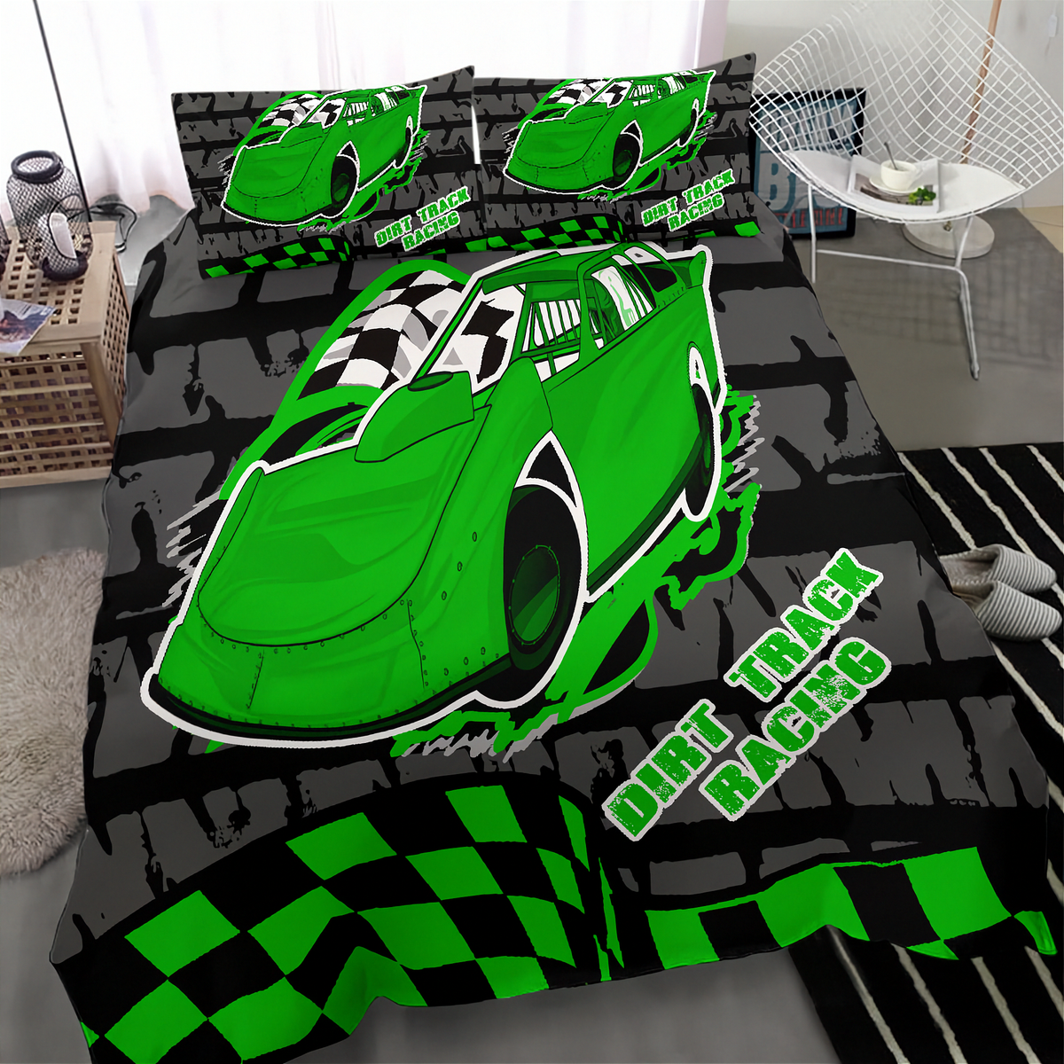 A racing-themed bedding set featuring a green race car and checkered flag patterns on a black and gray background, shown on a bed in a modern bedroom setting.