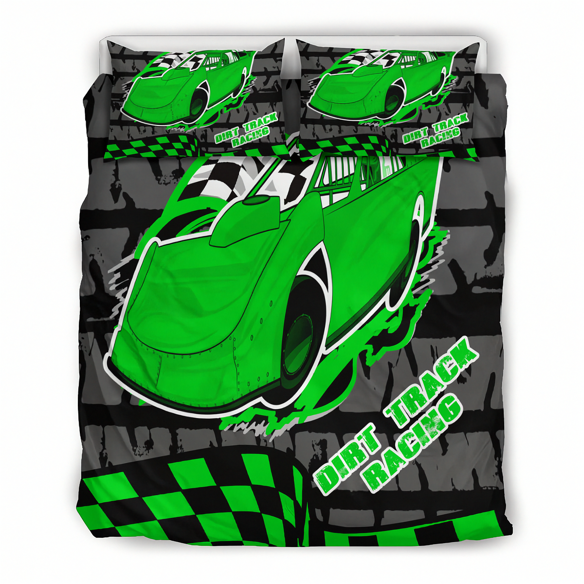 A racing-themed bedding set featuring a duvet cover and two matching pillowcases with a bold green race car graphic, black and gray track patterns, checkered flags, and the words 'Dirt Track Racing'.