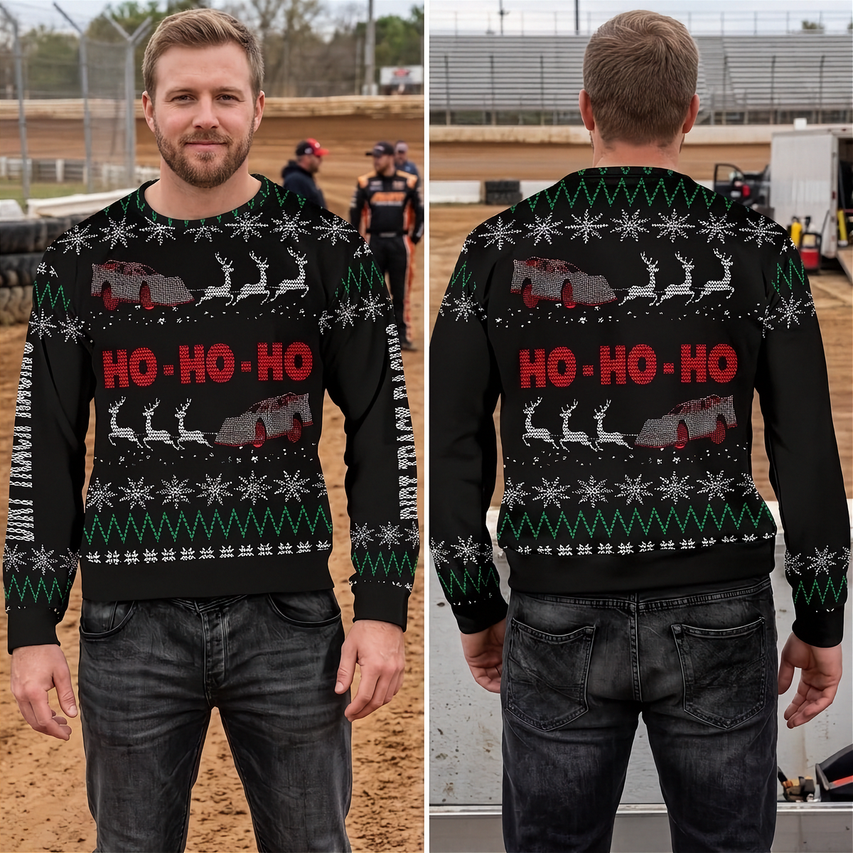 A man modeling a black Christmas sweater in a dirt arena, shown from the front and back. The sweater features a festive pattern with red 'HO-HO-HO' text, gray race cars, white snowflakes, and green zig-zag stripes.