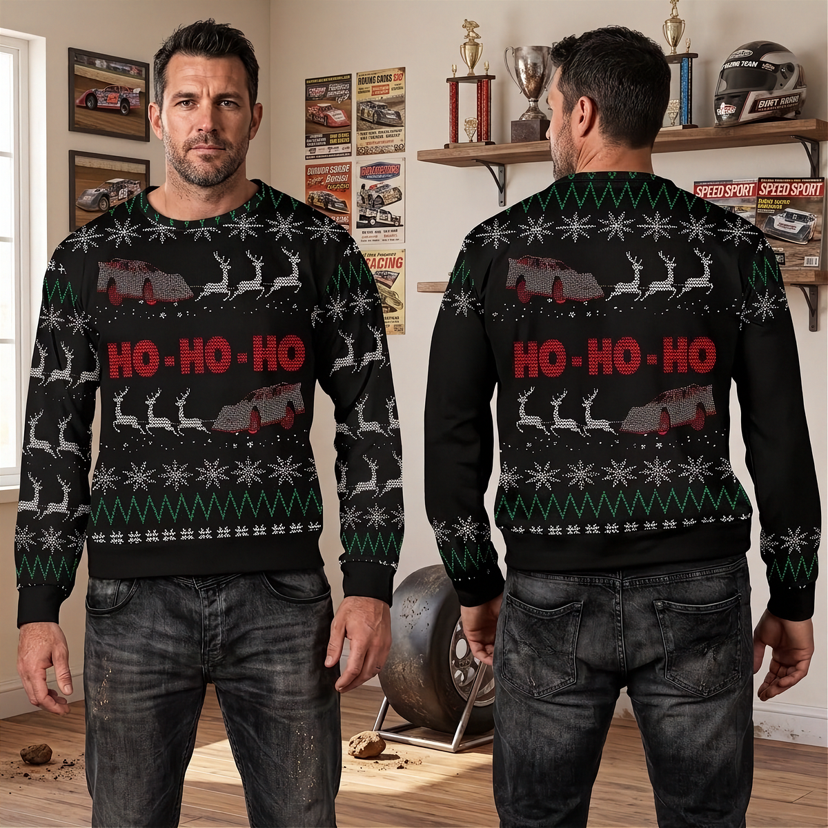 A man modeling a black Christmas sweater in a room, shown from both the front and back. The sweater features a festive holiday pattern with red 'HO-HO-HO' text, white reindeer, and red-and-white trucks, accented with green and white snowflake motifs.