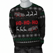 A black Christmas crewneck sweater with a festive pattern of red 'HO - HO - HO' text, white snowflakes, green zig-zag lines, and gray reindeer with red car details, shown on a mannequin torso.