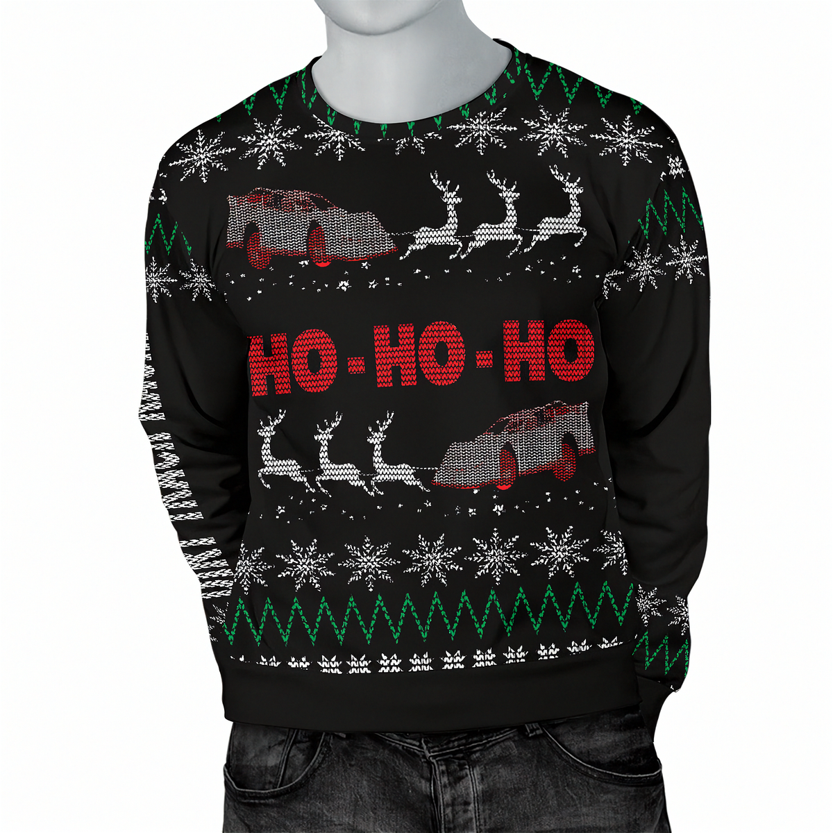 A black Christmas crewneck sweater with a festive pattern of red 'HO - HO - HO' text, white snowflakes, green zig-zag lines, and gray reindeer with red car details, shown on a mannequin torso.