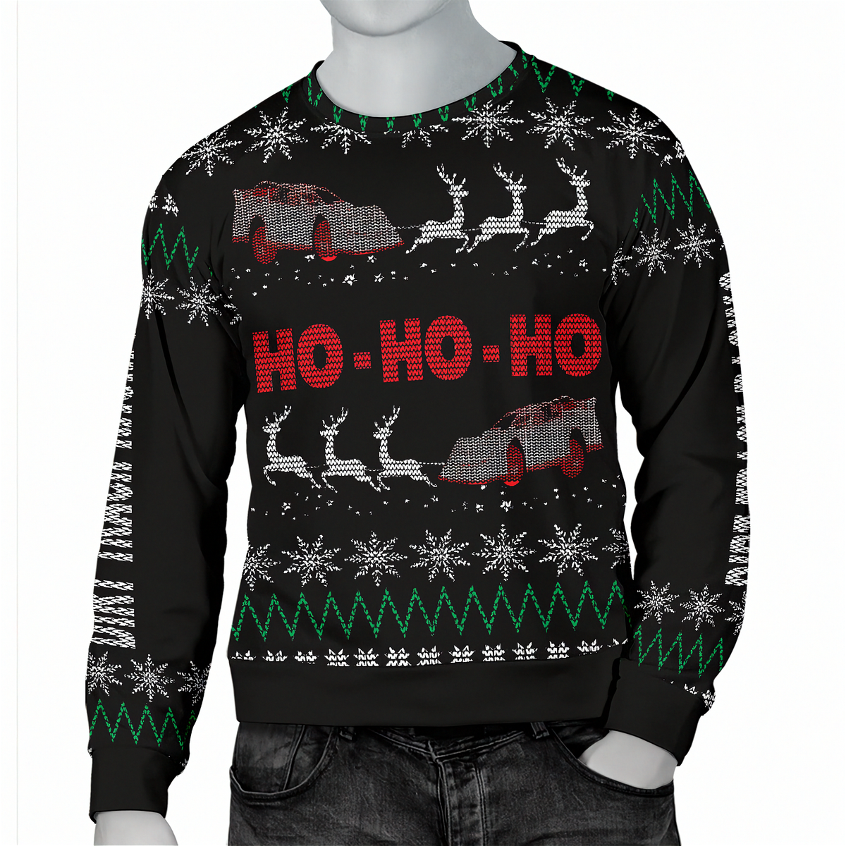A mannequin wearing a black Christmas sweater with a festive knit pattern featuring snowflakes, green zigzags, white reindeer, red cars, and red 'HO - HO - HO' text across the chest.