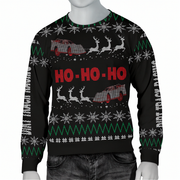 A black Christmas sweater with red and white holiday graphics, including 'HO - HO - HO' text, reindeer, snowflakes, and cars, shown on a gray mannequin torso.