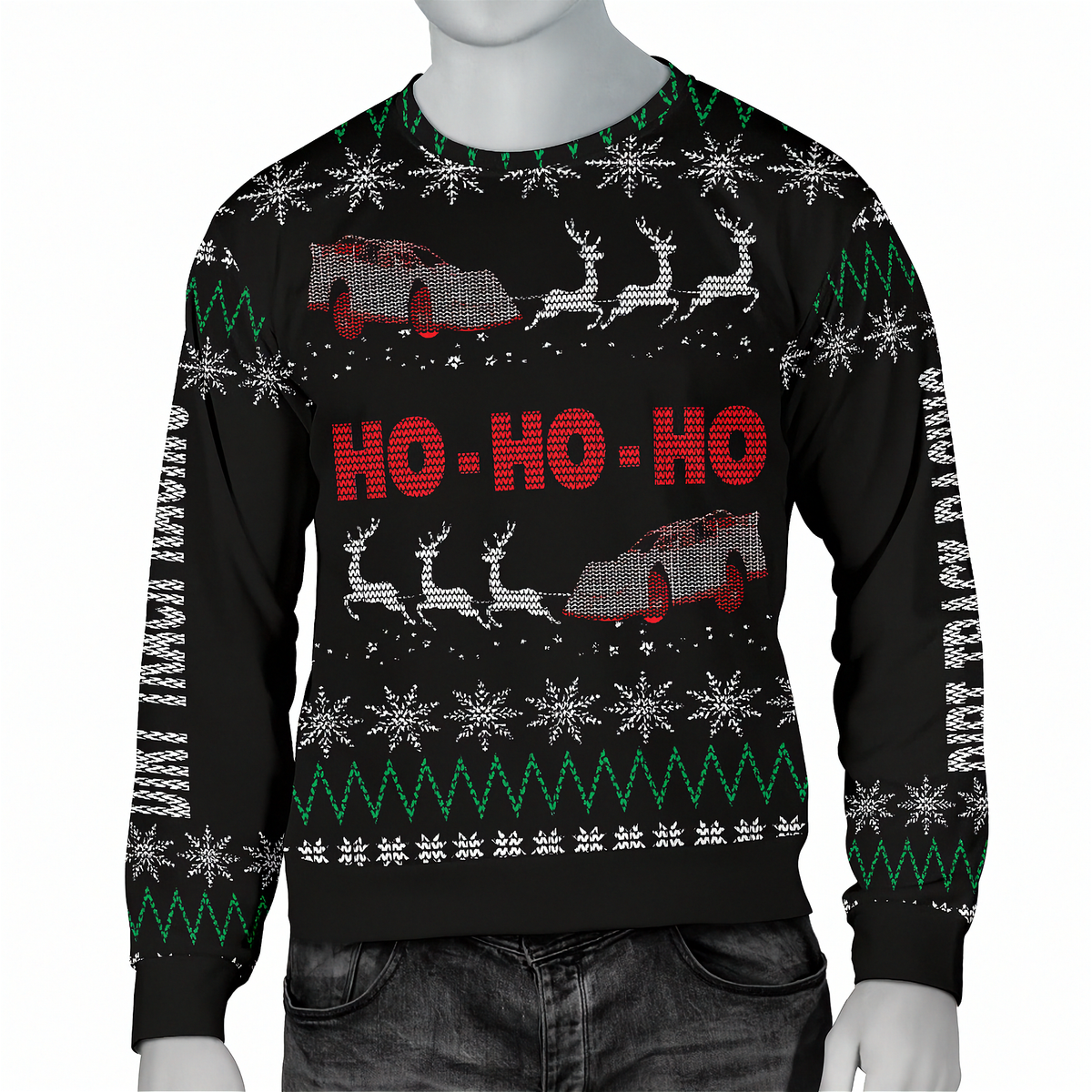 A black Christmas sweater with red and white holiday graphics, including 'HO - HO - HO' text, reindeer, snowflakes, and cars, shown on a gray mannequin torso.