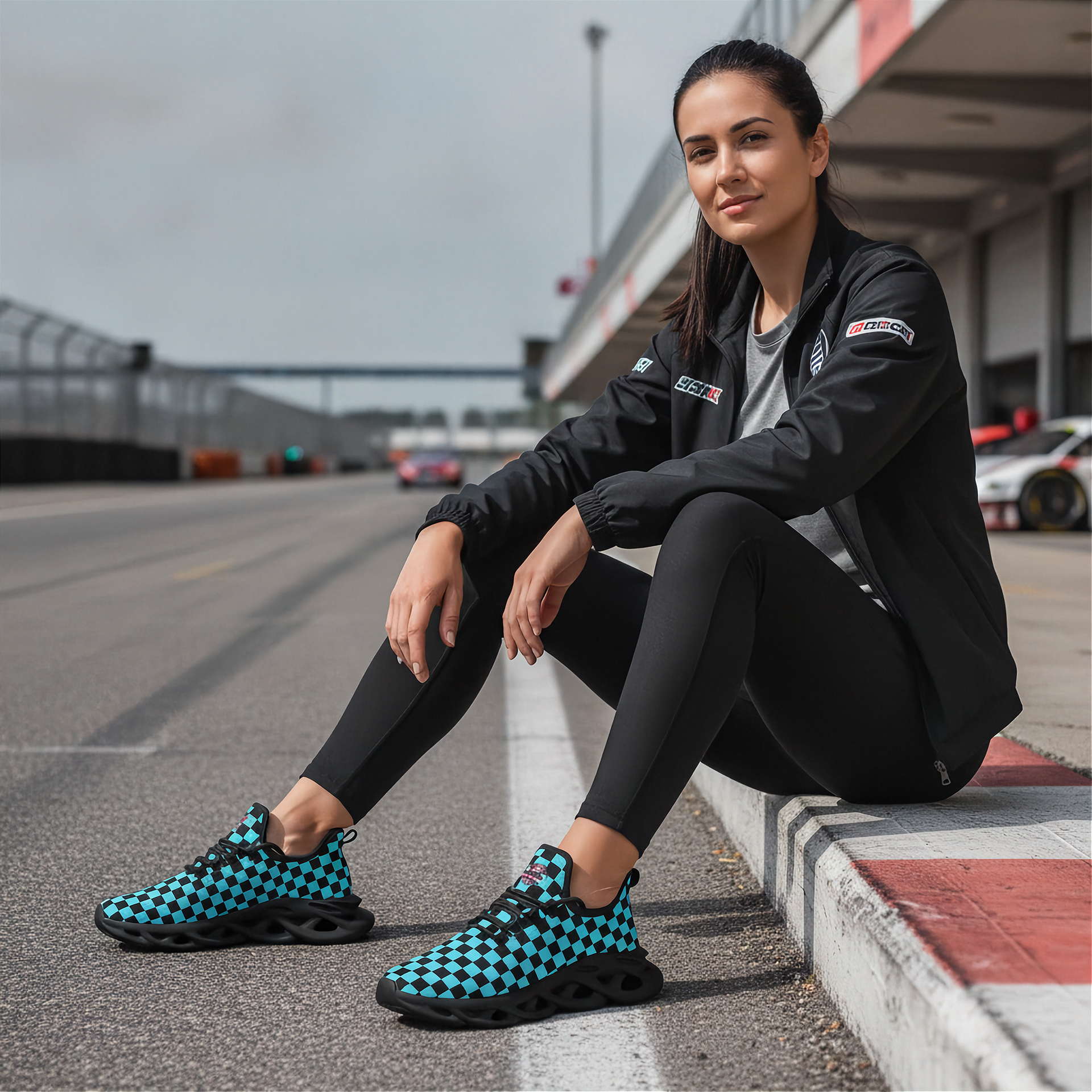 Woman sitting on a race track wearing black and blue checkered shoes