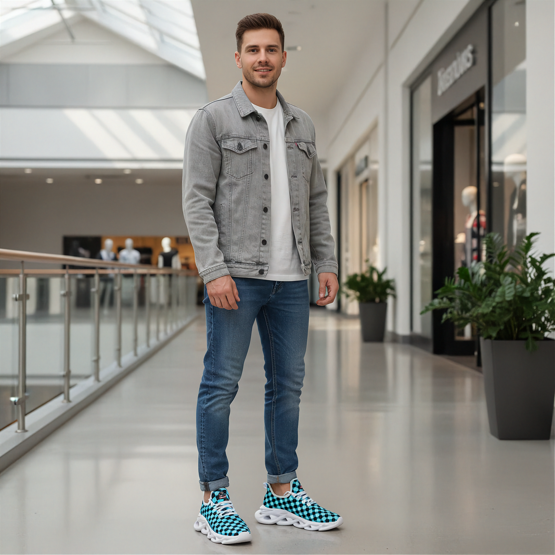 Man standing in a modern indoor setting wearing a gray denim jacket, white shirt, blue jeans, and checkered shoes.