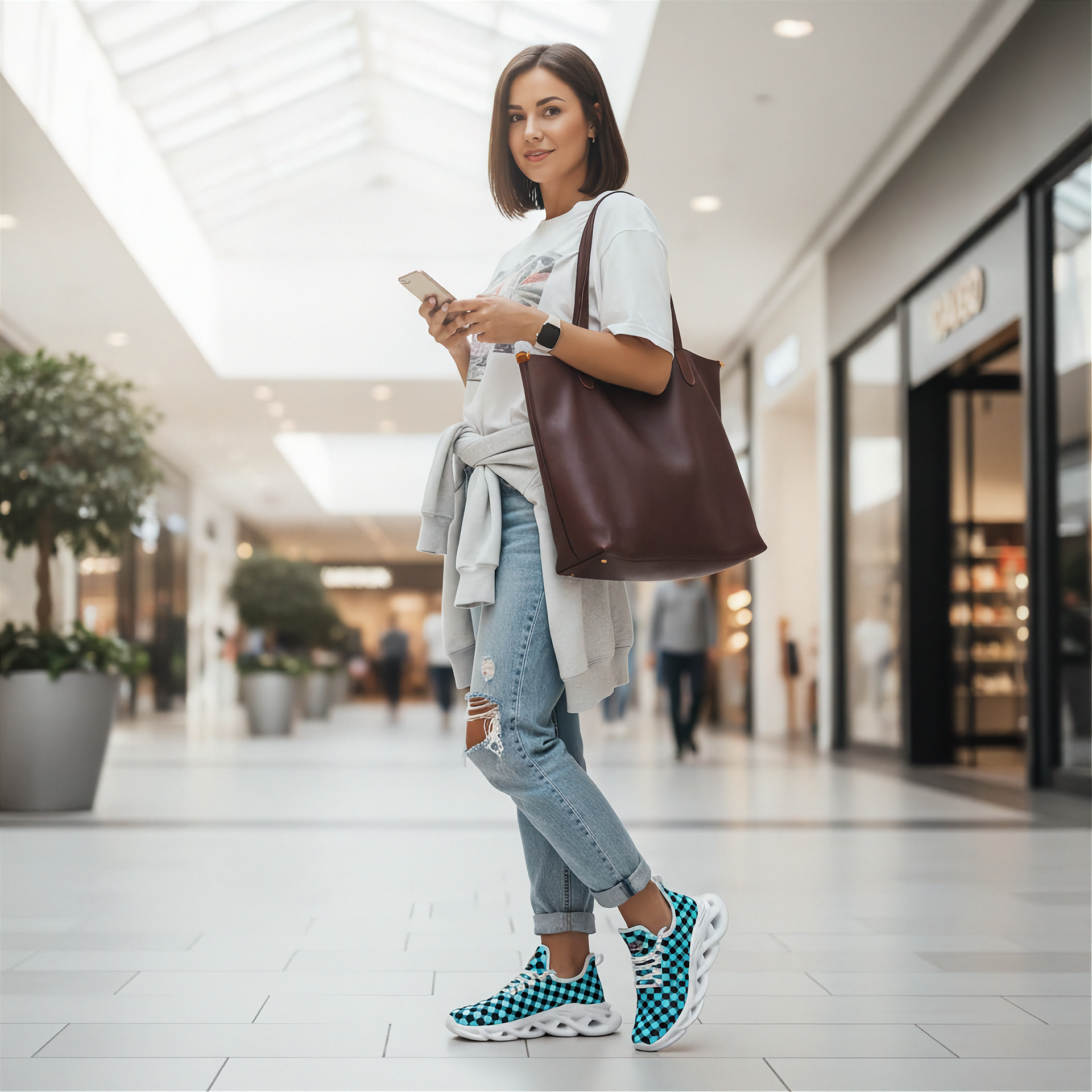 Woman holding a brown tote bag and smartphone and wearing a checkered blue shoes in a shopping mall.
