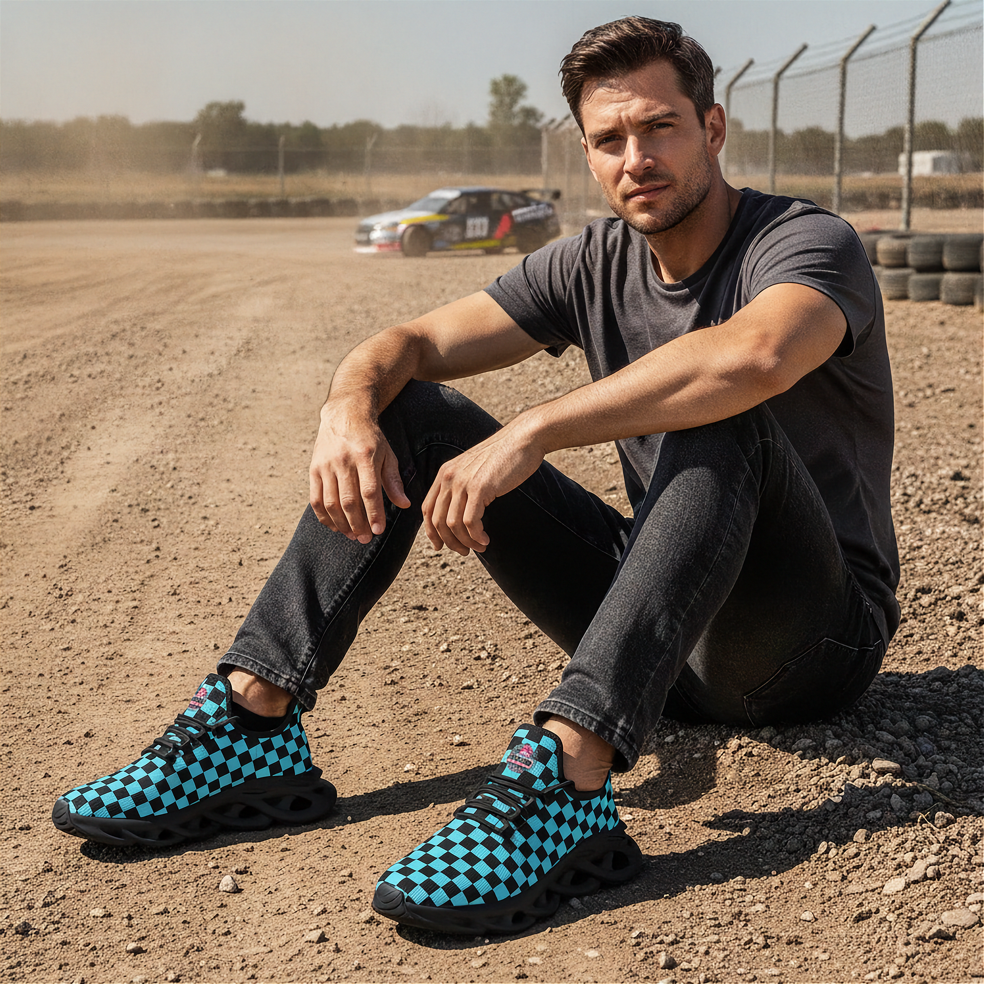 Man sitting on a dirt track wearing checkered shoes
