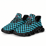 Pair of black and blue checkered sneakers on a white background