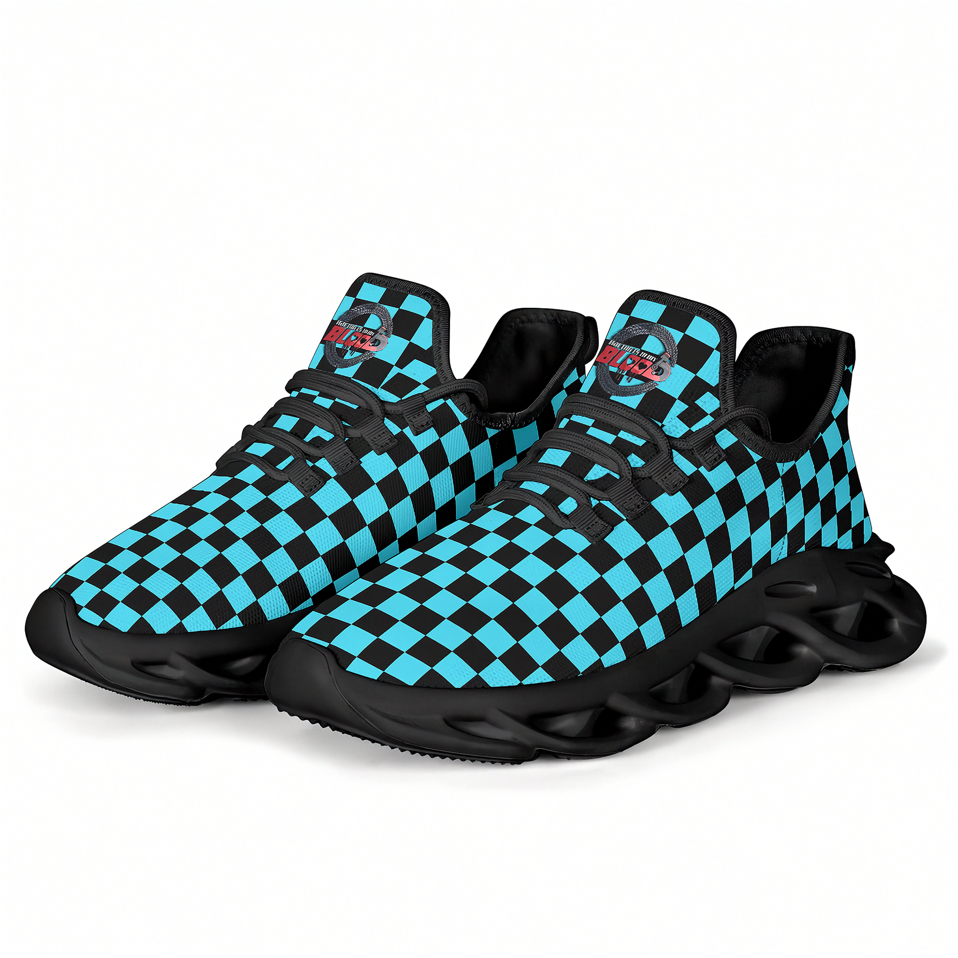 Pair of black and blue checkered sneakers on a white background