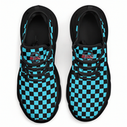 Blue and black checkered shoes on a white background