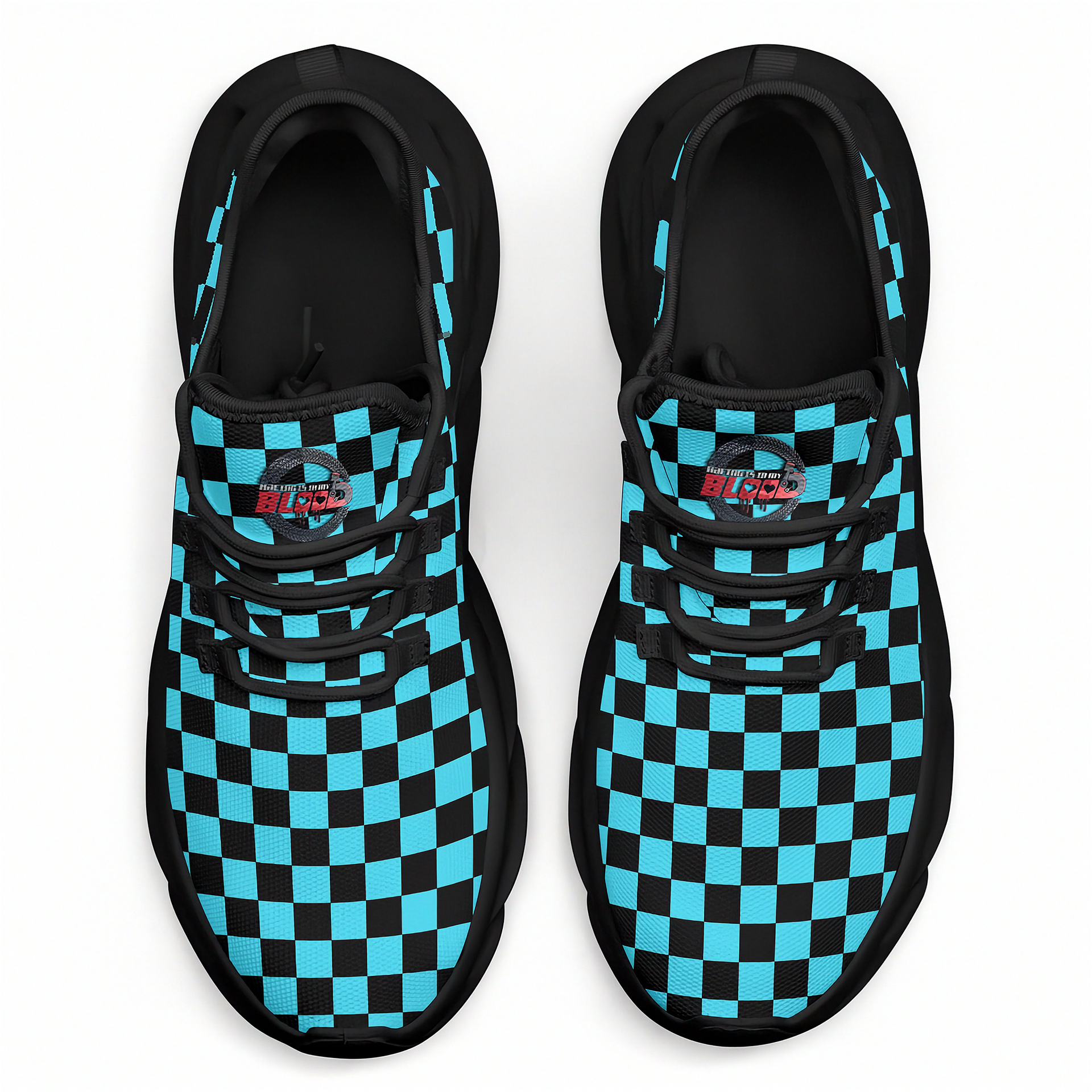 Blue and black checkered shoes on a white background