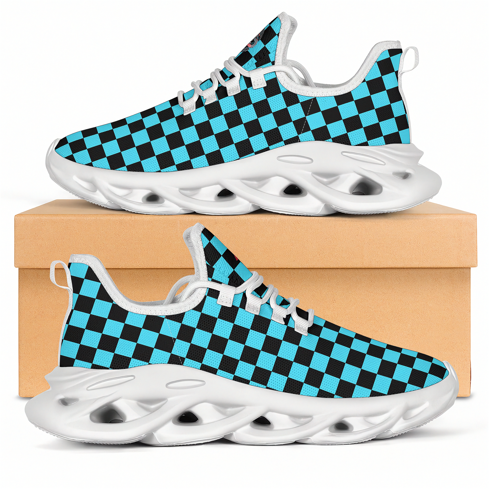 Blue and black checkered sneakers with white soles on a beige box.