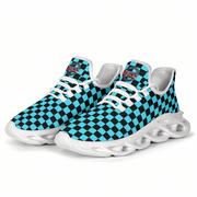 Blue and black checkered sneakers with white soles on a white background