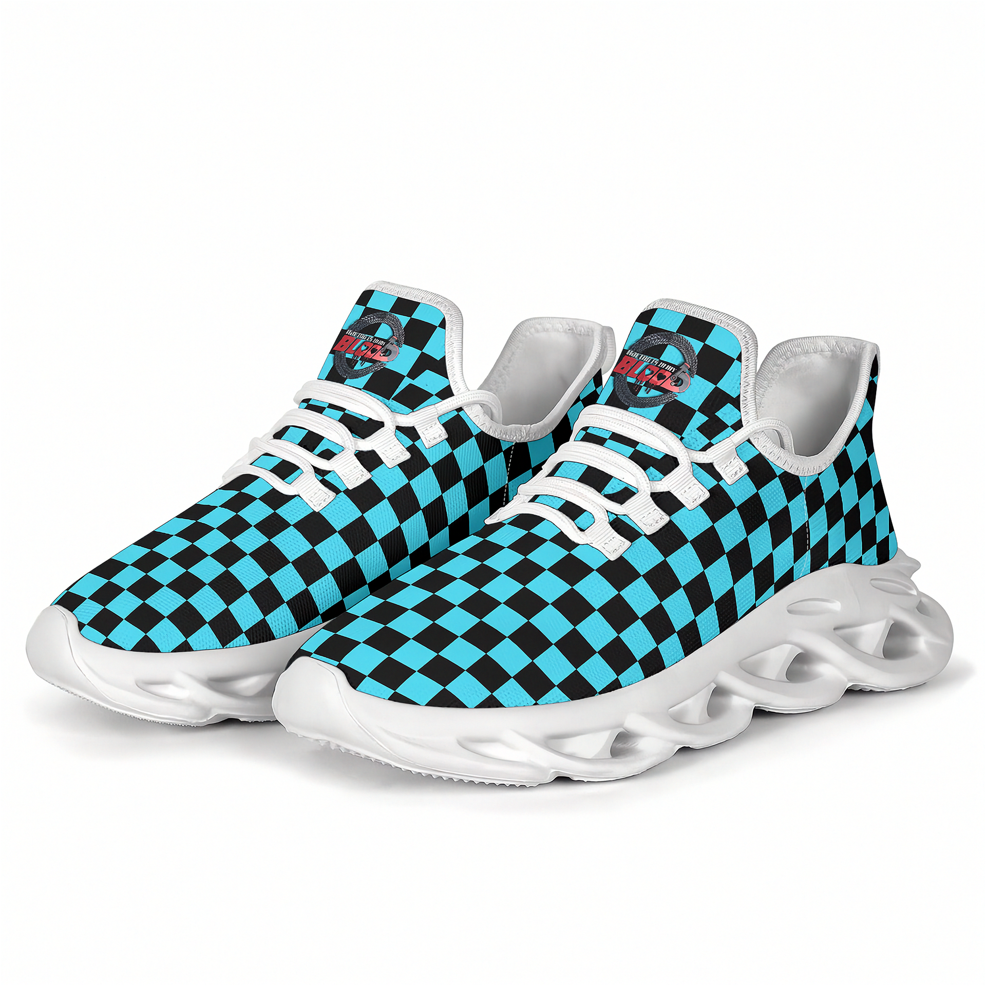 Blue and black checkered sneakers with white soles on a white background