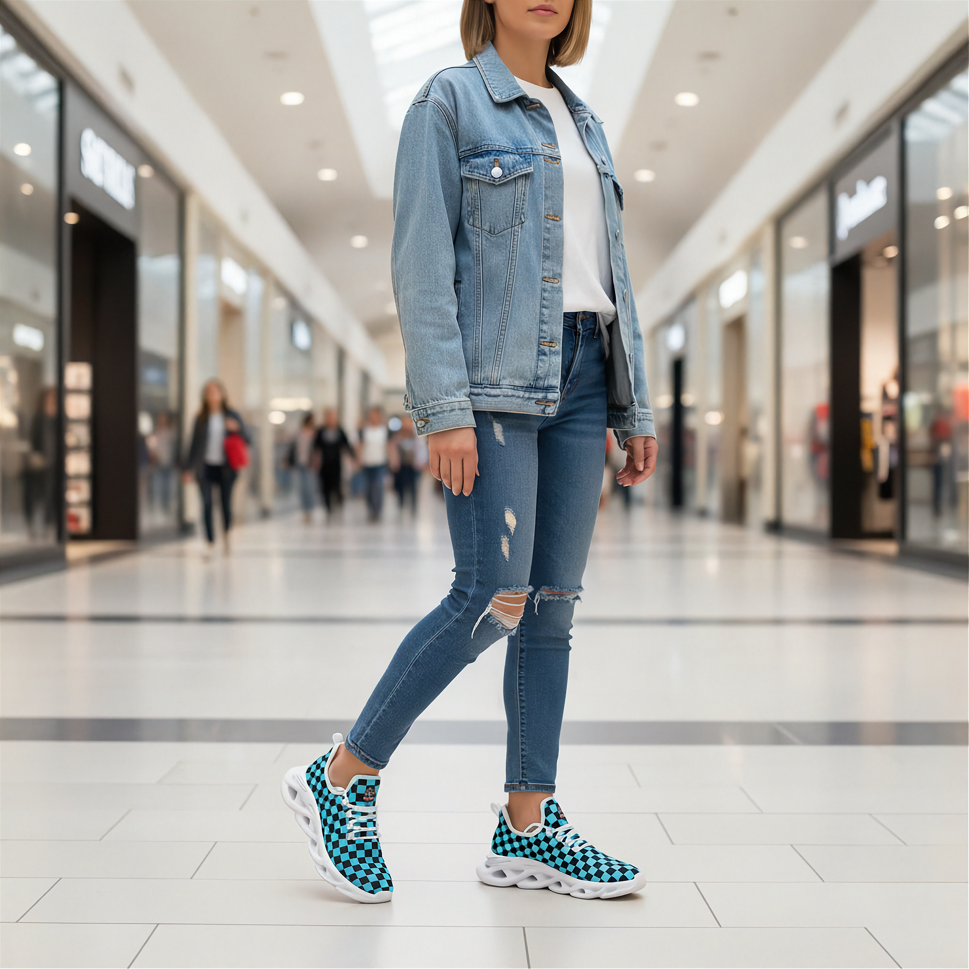 Woman wearing a denim jacket, white shirt, ripped jeans, and checkered shoes in a mall.