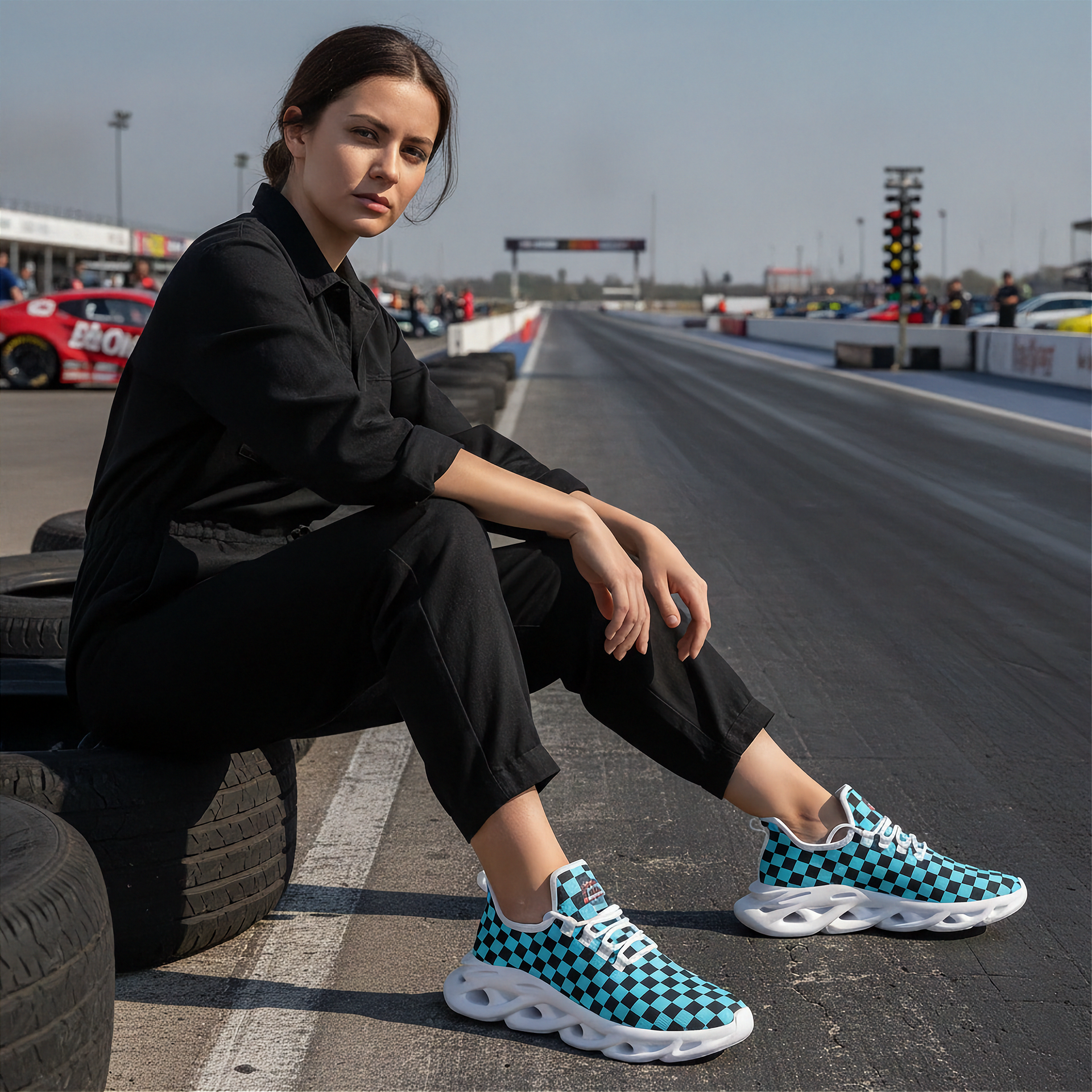 Woman sitting on a race track wearing black outfit and blue checkered sneakers
