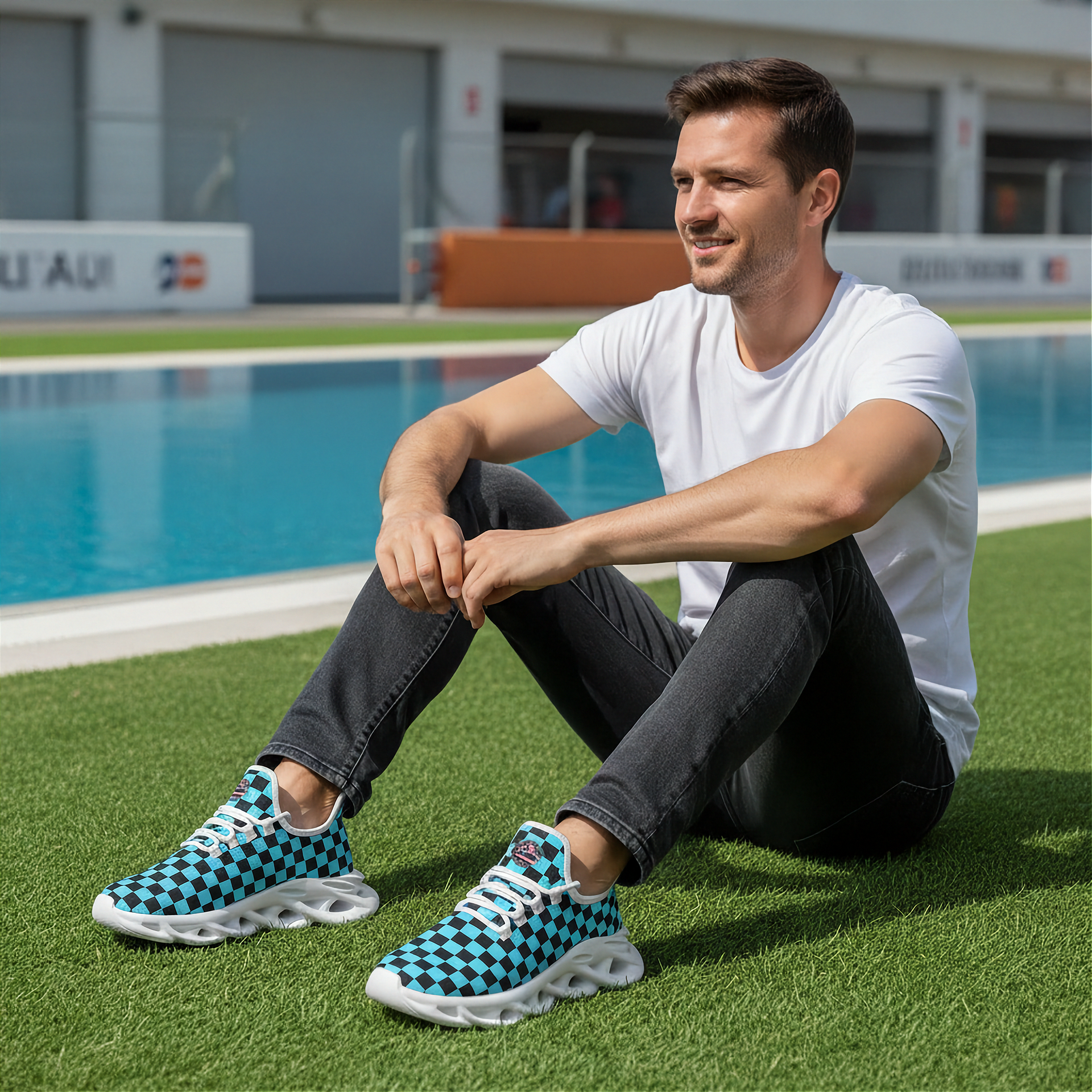 Man sitting by a pool wearing checkered shoes