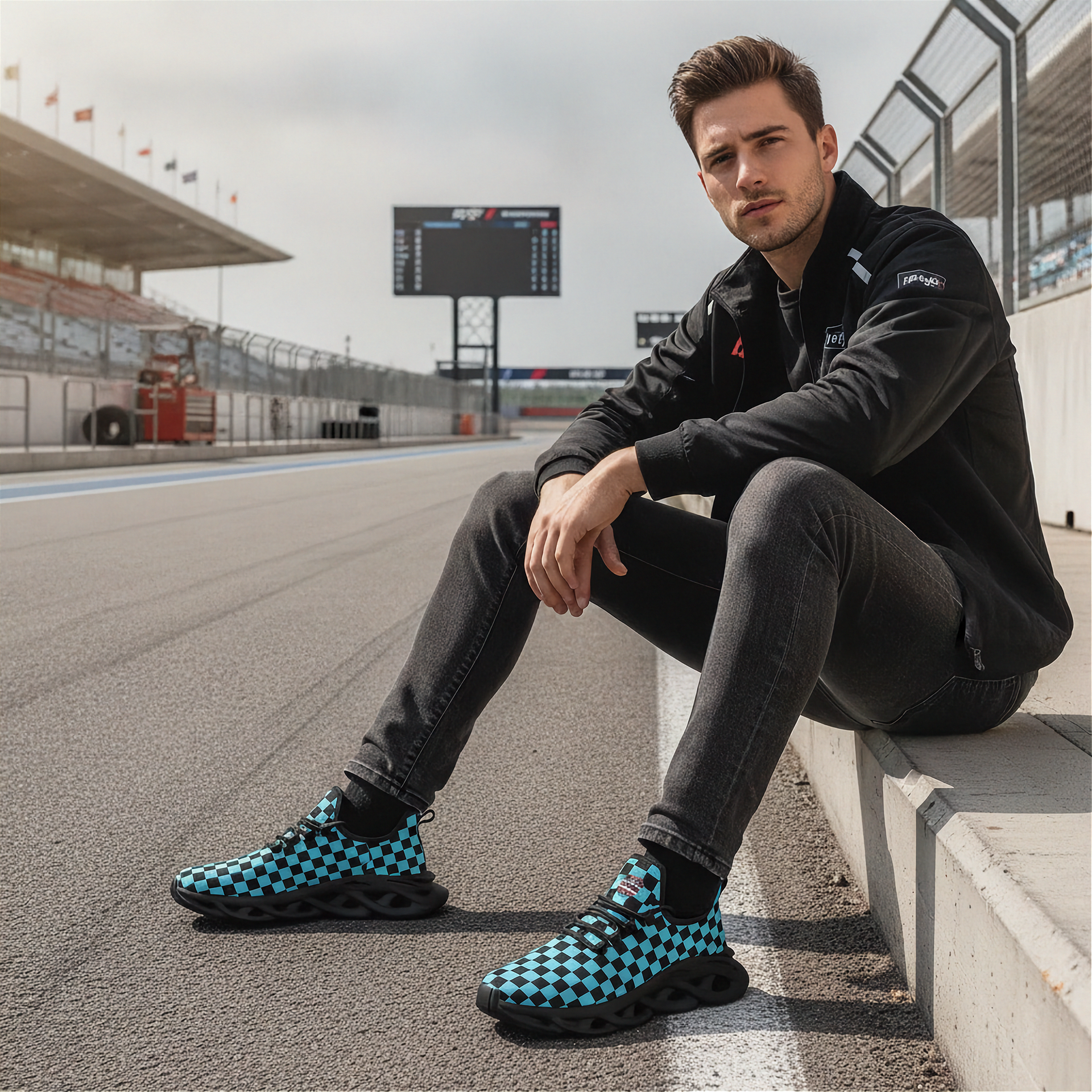 Man sitting on a race track wearing black and blue checkered shoes.