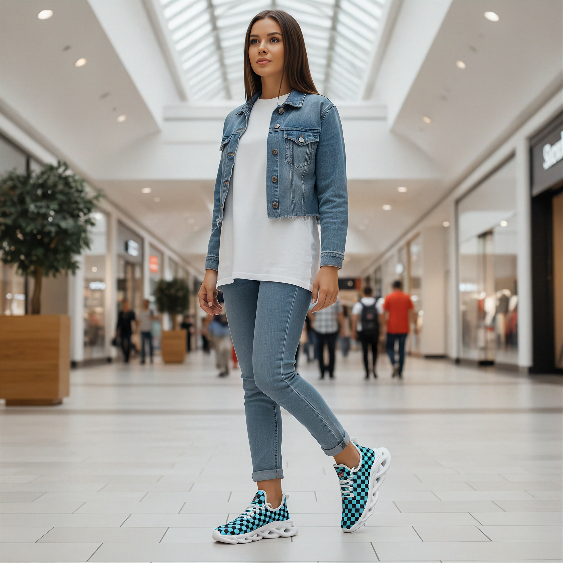 Woman in a denim jacket and jeans and blue checkered shoes walking through a shopping mall.