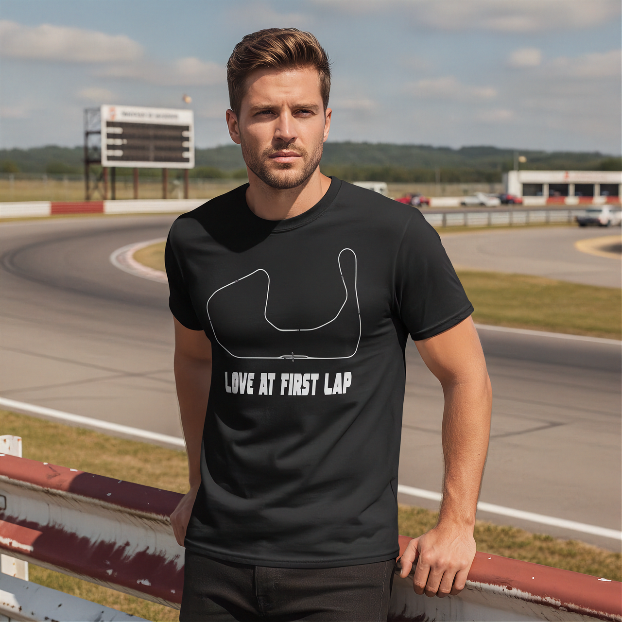 A man standing on a racetrack wearing a black crewneck t-shirt with a white track map outline and the text 'LOVE AT FIRST LAP'.
