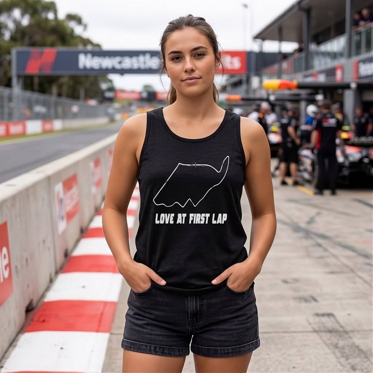 A woman stands on a race track pit area wearing a black racerback tank top with a white track outline and the text 'LOVE AT FIRST LAP'.